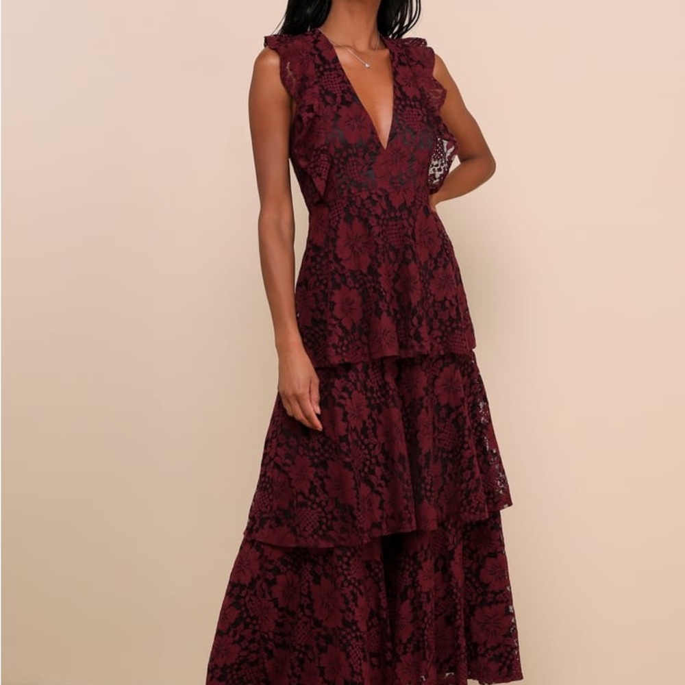 Lulus - Molinetto Burgundy Lace Ruffled Tiered Sleeveless Maxi Dress